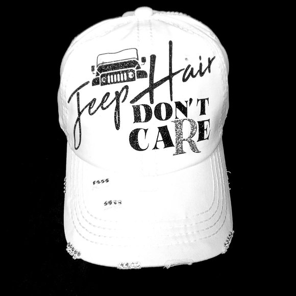 Jeep Hair Don't Care White Distressed Cap with Swarovski Crystals. - Picture 4 of 11